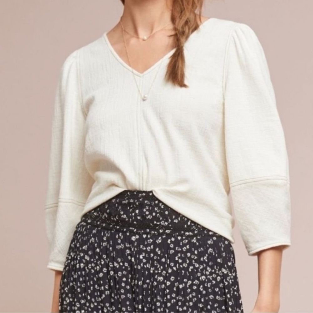 Current Air by Anthropologie Delilah V Neck Top Puff Sleeve  Cream Extra Small